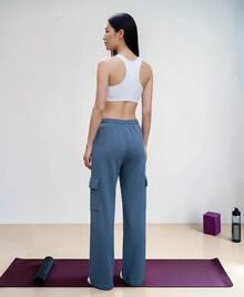 Pants Deportivo Cargo Dama Moda Comodo Con Bolsas Deportivo, Gym, Color Solido, Caliente, Resistente Mujer Pierna Ancha, Cintura con Cordon - Azul Denim - Ver 2