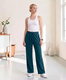 Pantalón Pants Mujer Corte Ancho Baggy Comodo Y versatil Ideal Para Gym, Yoga, pilates O varios Deportes - Azul Petroleo - Ver 1