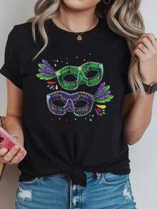 Mujer Camiseta de manga corta con estampado térmico de máscaras con plumas verdes y moradas, diseño de máscaras coloridas, cuello redondo casual - Negro - Ver 7