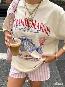 Mujer Camiseta de manga corta con estampado térmico de pescado de marisco retro en tonos rojo y azul, diseño de letras y pescado desgastados, estilo americano casual - hueso - Ver 6