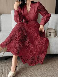 Vestido de media longitud con cinturón y cuello de encaje elegante para mujer, vestido de verano/primavera - Burdeos - Ver 7