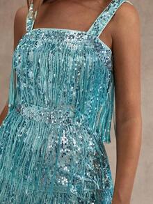 Mono corto con lentejuelas, flecos, tirantes gruesos y hombros descubiertos, espalda al descubierto, para salir de fiesta, con brillo, para fiestas de cóctel, sexy y glamoroso, para fiestas y vacaciones - Azul - Ver 2
