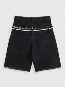 ROMWE MEN Street Life Pantalones cortos de mezclilla con doble cintura y bordado para hombres - Negro 5 - Ver 2