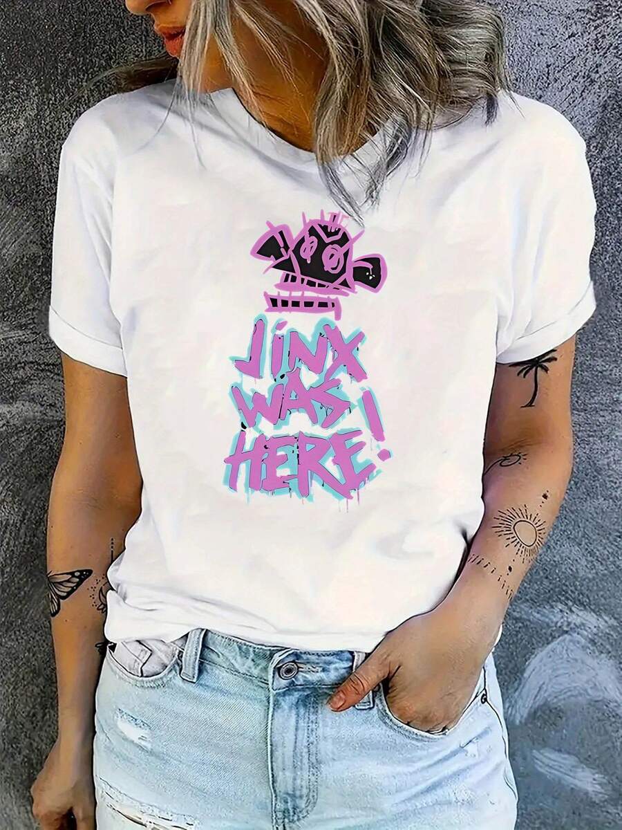 Soft Fabric T-Shirt With Creative Cartoon Letter Print, Women's Short Sleeve Shirt, Fashionable And , Simple Casual Sports T-Shirt, Comfortable Summer Vacation Top, Fashionable T-Shirt. - 白色 - 查看 1