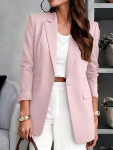 Blazer de mujer de unicolor con cuello entallado, diseño de bolsillo con botones, manga larga para uso en la oficina, versátil para negocios y casual, adecuado para otoño, invierno y primavera, color rosa - Rosa - Ver 1