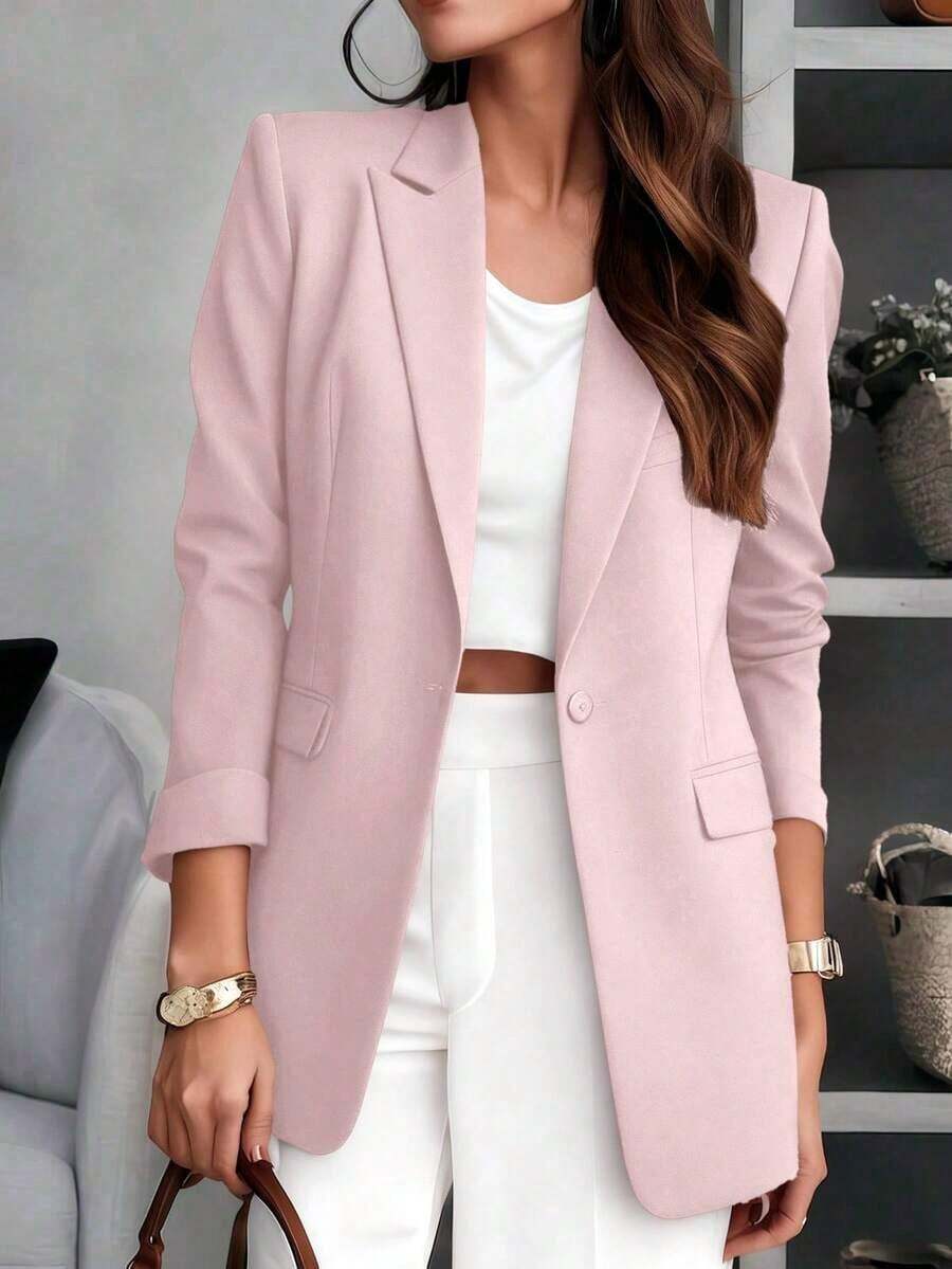 Blazer de mujer de unicolor con cuello entallado, diseño de bolsillo con botones, manga larga para uso en la oficina, versátil para negocios y casual, adecuado para otoño, invierno y primavera, color rosa - Rosa - Ver 1