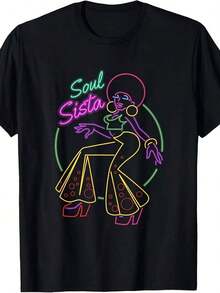 Camiseta Soul Sista de los 70 para Mujer |     Disfraz de discoteca, ligero y transpirable, cuello redondo, corte regular, lavable a máquina, adecuado para uso casual y actividades al aire libre, ropa de verano para mujer. - Negro - Ver 7