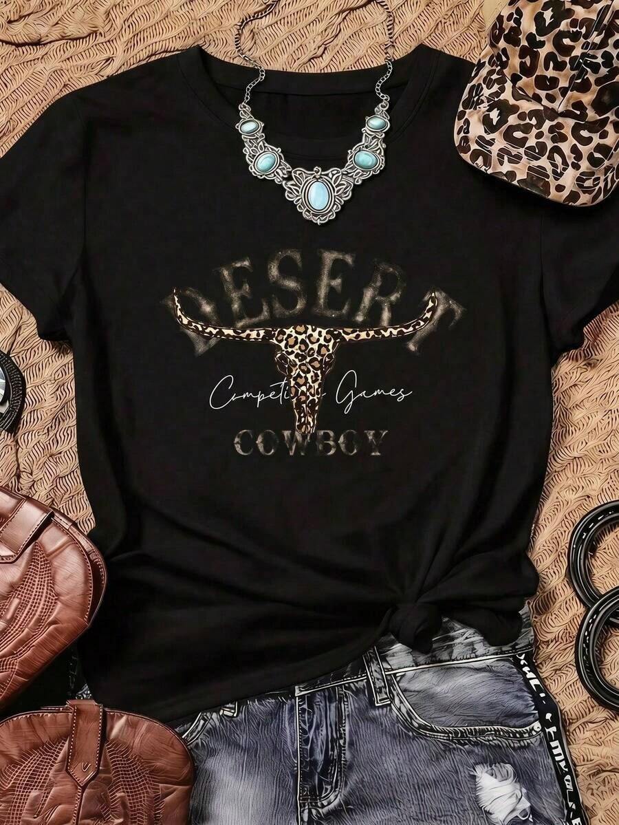 Solt Nueva camiseta de mujer para otoño-invierno, de manga corta con cuello redondo, ideal como prenda básica.Con diseño holgado y estampado moderno, hecha de algodón puro de alta calid - Negro 2 - Ver 1