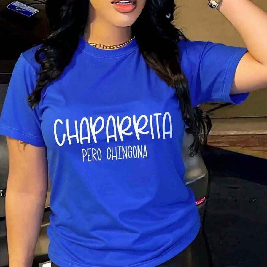 Camiseta de Algodón Vintage para Mujer con Estampado Gráfico "Chaparita Pero Chingona", Manga Corta, Cuello Redondo, Estilo Casual, Corte Holgado para Uso Diario, Tallas S-5XL Disponibles, BlackFashion - Azul - Ver 1