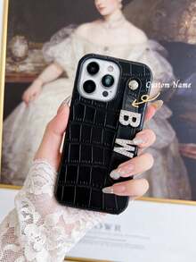 Customized Luxury Faux Crocodile Skin Rhinestone 3D Letter Faux Leather Wristband Phone Case, Compatible With Apple 17, 16, 15, 14, 13, 12, 11 Pro Max, 14, 15, 16 Plus, 17, Stylish Phone Cover DIY Gift, Phone Accessory - Navy Blue - View 6