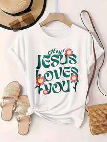 Women's Vintage Style Short Sleeve Casual T-Shirt - Floral Design "Hey Jesus Loves You", Round Neck, Summer Top, Machine Washable, Ladies' T-Shirts, Casual Wear, Modern Style, Comfortable Fit

BlackFashion - 白色 - 查看 2