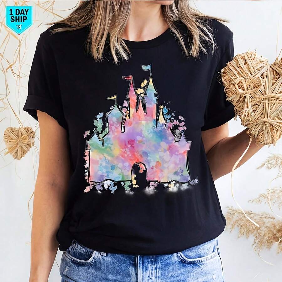 Watercolor stle T-, Magic Kingdom Famil, World stle Top, Vation , Watercolor Magil stle Tops - Negro - Ver 1