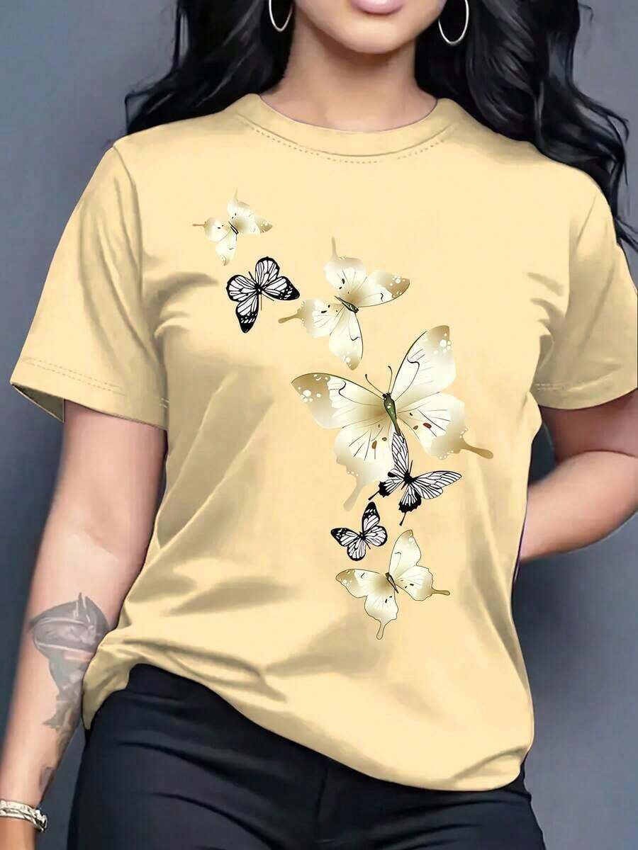 1 Pieza de Camiseta Casual de Moda para Hombres y Mujeres con Estampado de Mariposas - Camiseta Casual de Manga Corta y Cuello Redondo para las Cuatro Estaciones, Transpirable y Cómoda, Diseño de Mariposas en Azul Brillante y Rosa, Lavable a Máquina, Elasticidad Media, Versátil y Fácil de Combinar, Adecuada para Uso Diario, Estilo Urbano, Ropa de Vacaciones, Ropa de Fin de Semana. - Albaricoque - Ver 1