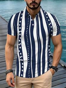 Men's Vacation Casual Three-Button Polo Shirt, Old Money Style, Men's Casual Everyday Wear. Blue And White Vertical Stripes With Dotted Accents This Short-Sleeved Casual Polo Shirt Features A Button-Down Collar And Is Suitable For Vacations And - Phong cách - Xem 5