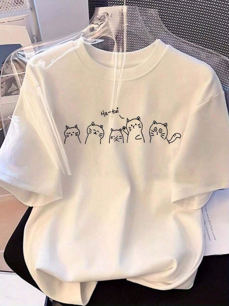 Camisetas de manga corta de talla grande para mujer, ideales para el verano y el uso diario, camiseta holgada con estampado de gato para mujer - cómoda de llevar, cuello redondo, manga corta, estilo casual y versátil, lavable a máquina, adecuada para todas las estaciones, ropa holgada para mujer, transpirable y cómoda. - Blanco - Ver 1