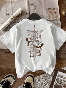 Camiseta de mujer con estampado de verano de doble cara vintage - Estampado de dragón de la Academia de  Basjiat, adecuada para verano y primavera, la ropa de mujer es sencilla, cómoda, holgada, con cuello redondo en forma de Y, a la moda. - Blanco - Ver 2