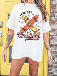 ropa de mujer 1pc Camiseta Blanca Oversize, Camiseta Retro con Estampado Navideño, Camiseta con Frase 'Lets Get Cracking', Camiseta Festiva para las Fiestas, Camiseta Festiva para las Vacaciones, Camiseta Linda para Cena Navideña, UNISEX camisas de mujer - Blanco - Ver 1