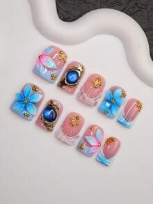 10pcs Square Shaped Handmade Nail Tips, Y2K Baddie Style, Nude & Blue Color Nails With French Edge, Carved Patterns, Steel Beads, Asymmetric Liquid Metal, Cat Eye, Starfish Elements, Handcrafted Nails Suitable For Women And Girls, Shiny Nail Pieces In 3 Sizes, Applicable For Party, Dance, Daily Wear, Includes Tool Kit, Can Be Gift For Ladies And Girls Handmade Press On Nails - Multicolor - View 3