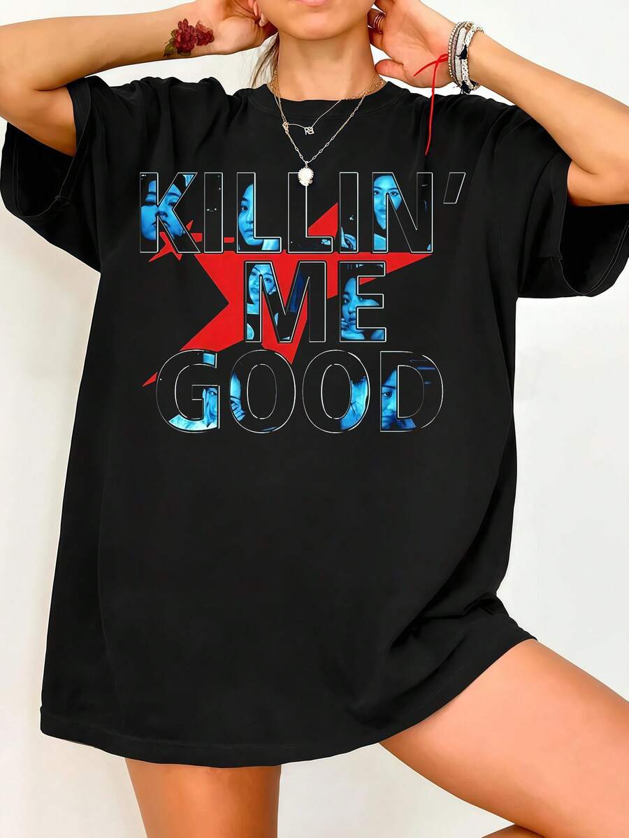 Twic.E Killin' Me Good Lyrics Graphic T-Shirt. Vintage Graphic Print, Casual Black Cotton Short-Sleeved T-Shirt. - Black - View 1