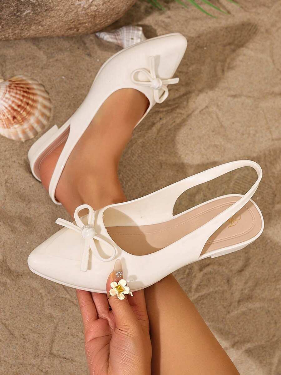 New Spring/Autumn French Style Chunky Heel Bow Tie Pointed Toe Mid Heel Pumps, Low Vamp Non-Fatiguing Work Shoes For Women - White - View 1