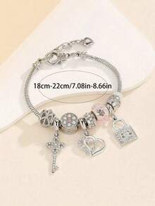 1 chiếc vòng tay charm nữ đeo hàng ngày, kiểu dáng dây rắn, khóa hình trái tim đính đá, màu bạc, họa tiết lãng mạn, thích hợp cho ngày Valentine. - Nhiều màu - Xem 2