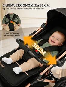 Carriola reversible y alta para bebé, incluye bandeja desmontable y toldo solar, ruedas grandes con suspensión y una amplia canasta de almacenamiento inferior. Imprescindible para pasear al bebé. - Negro - Ver 6