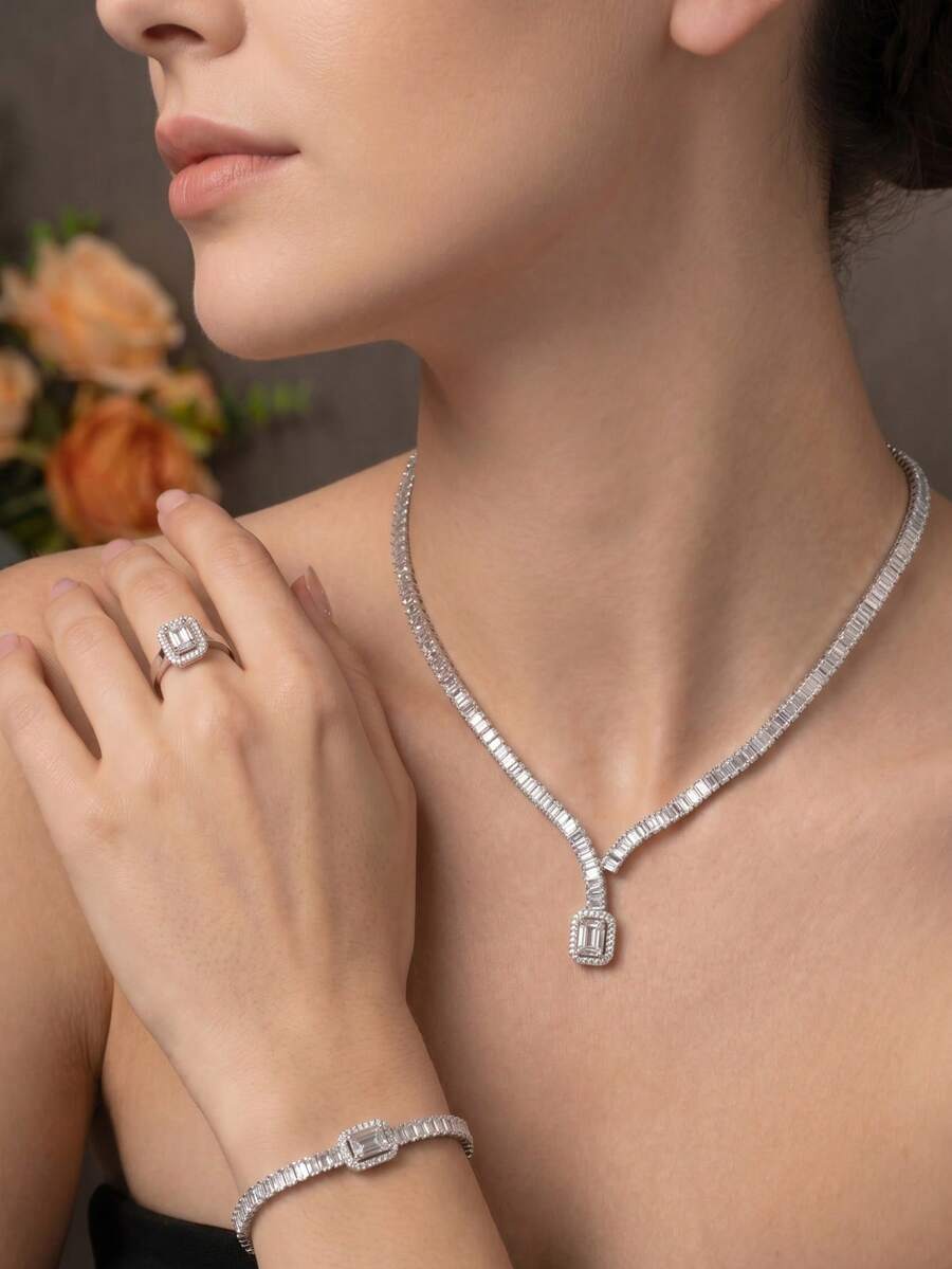 1 Set Luxury Elegant Cubic Zirconia Inlaid Rectangular Jewelry Set, Suitable For Women's Wedding Party Wear, Includes 1 Pair Earrings, 1 Necklace, 1 Bracelet, 1 Ring (Excluding Gift Box) - Silver - View 1