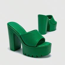 European And American Style Platform Waterproof Chunky Heel Sandals, Open Toe, Simple, Versatile High-Heeled Slippers For Commuting And Wearing Alone. - Green - View 6