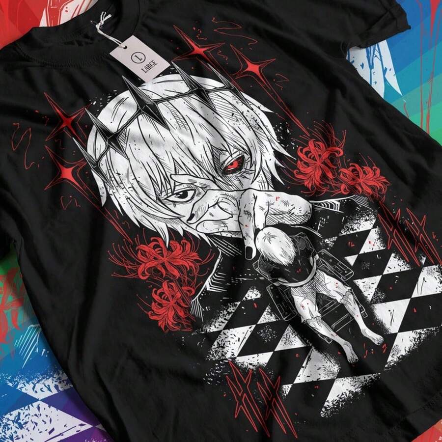 Camiseta de manga corta con estampado de chica manga espeluznante, estilo anime gótico oscuro, 220 g, de algodón puro, para hombre y mujer. Tejido grueso, resistente a las arrugas y que no se deforma fácilmente. Estilo sencillo y versátil, ligero y transpirable, perfecto para ir al trabajo, viajar, acampar, ir de compras y para el tiempo libre diario. - Negro - Ver 1