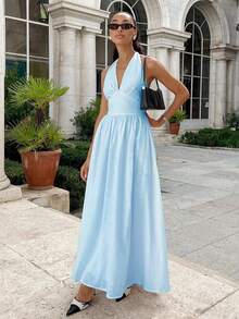Vestido largo algodón cuello V con lazos, cintura marcada estilo moda primavera verano - Azul - Ver 6