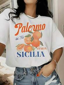 short sleevesMujer Camiseta de mujer México Envío Tela transpirable de alta calidad Estampado de Lavado a máquina Fresco Deportes Cuello redondo Casual Manga corta Versátil Nueva Era Lavable a máquina, top casual de cuello redondo de deportes de trabajo estudiantil, moda cómoda y moderna | vestidos de mujer verano almacen localCamiseta de  blanca con impresión de naranjas, texto "Palermo dal 745 Italia Sicilia" y diseño fresco y estilizadoLeisure - Blanco - Ver 1