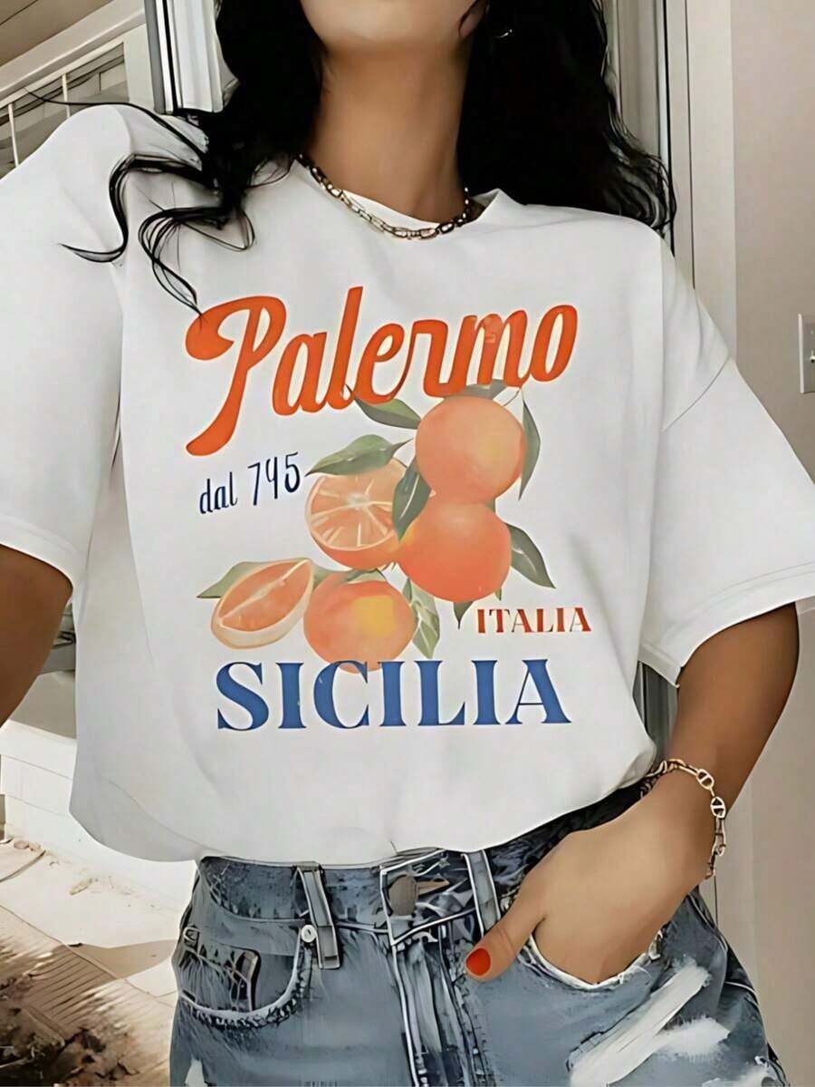 short sleevesMujer Camiseta de mujer México Envío Tela transpirable de alta calidad Estampado de Lavado a máquina Fresco Deportes Cuello redondo Casual Manga corta Versátil Nueva Era Lavable a máquina, top casual de cuello redondo de deportes de trabajo estudiantil, moda cómoda y moderna | vestidos de mujer verano almacen localCamiseta de blanca con impresión de naranjas, texto "Palermo dal 745 Italia Sicilia" y diseño fresco y estilizadoLeisure - Blanco - Ver 1