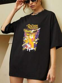 Colorful Graphic Depicting An Animated Scene Where Small Heroes Fly Alongside A Giant Eagle Over A Bright Landscape, Conveying Courage, Friendship, And Adventure. Comfortable Casual Women's T-Shirt For Everyday Wear - 黑色 - 查看 6