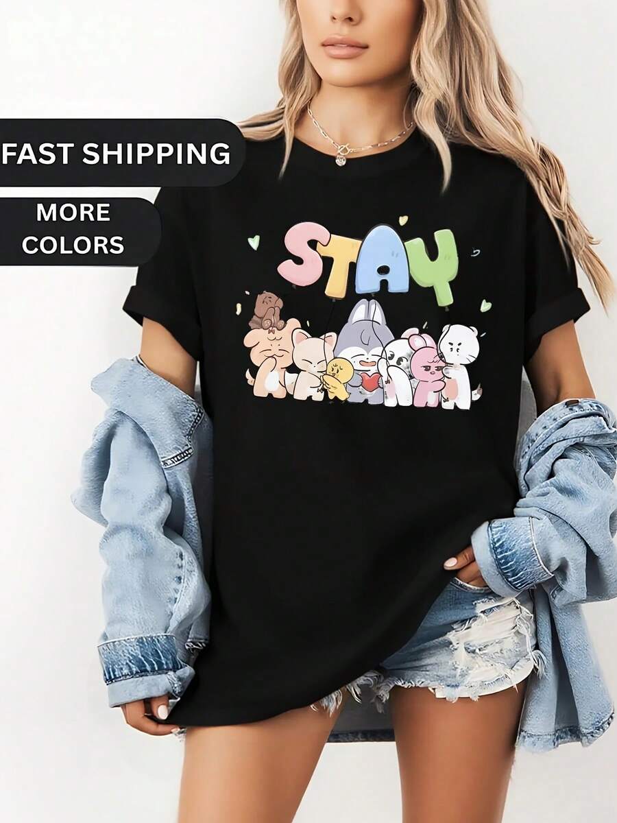 Camiseta casual de manga corta para mujer, estilo coreano, de SKZ, esencial para primavera y verano, nueva llegada, entrega desde almacén local, ropa de mujer, ropa navideña para mujer, regalos para mujer, camiseta bonita para mujer, camiseta con estampado,  de camisetas. Camiseta holgada, casual y versátil. - Negro - Ver 1