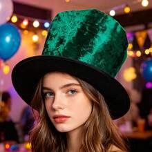 Velvet Vintage Dramatic All Seasons Top Hat, Distressed Texture, Relaxed Fit, Perfect For Themed Party, Halloween Cosplay, Stage Performance - Green - View 4