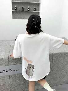 Camiseta Personalizada para Mujer, Casual, con Estampado de Gato, Corte Holgado, Cuello Redondo, Manga Corta, Primavera/Verano, Negra, Estilo Vintage Urbano, Camiseta Holgada de Algodón con Cuello Redondo y Manga Corta - Blanco - Ver 1