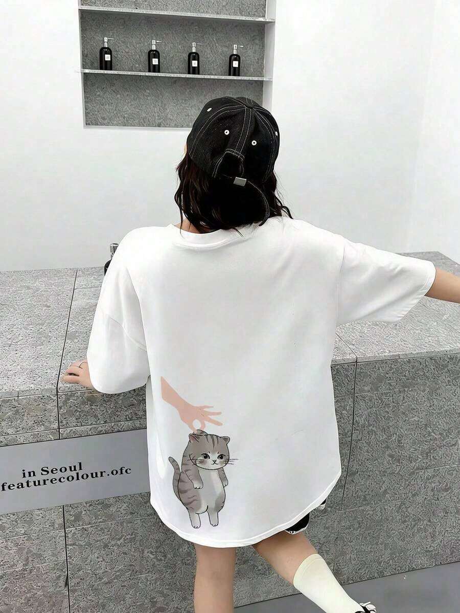 Camiseta Personalizada para Mujer, Casual, con Estampado de Gato, Corte Holgado, Cuello Redondo, Manga Corta, Primavera/Verano, Negra, Estilo Vintage Urbano, Camiseta Holgada de Algodón con Cuello Redondo y Manga Corta - Blanco - Ver 1