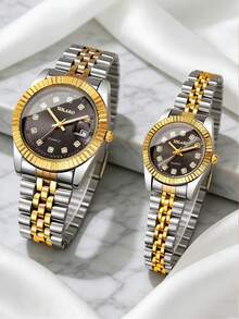 2 piezas/Set Juego de relojes para pareja en negro & dorado, incluye 1 pieza reloj de cuarzo dorado de esfera grande para hombre y 1 pieza reloj de cuarzo dorado de esfera pequeña para mujer. Diseño clásico bicolor con bisel estriado y esfera adornada con brillantes de strass. - Multicolor - Ver 1