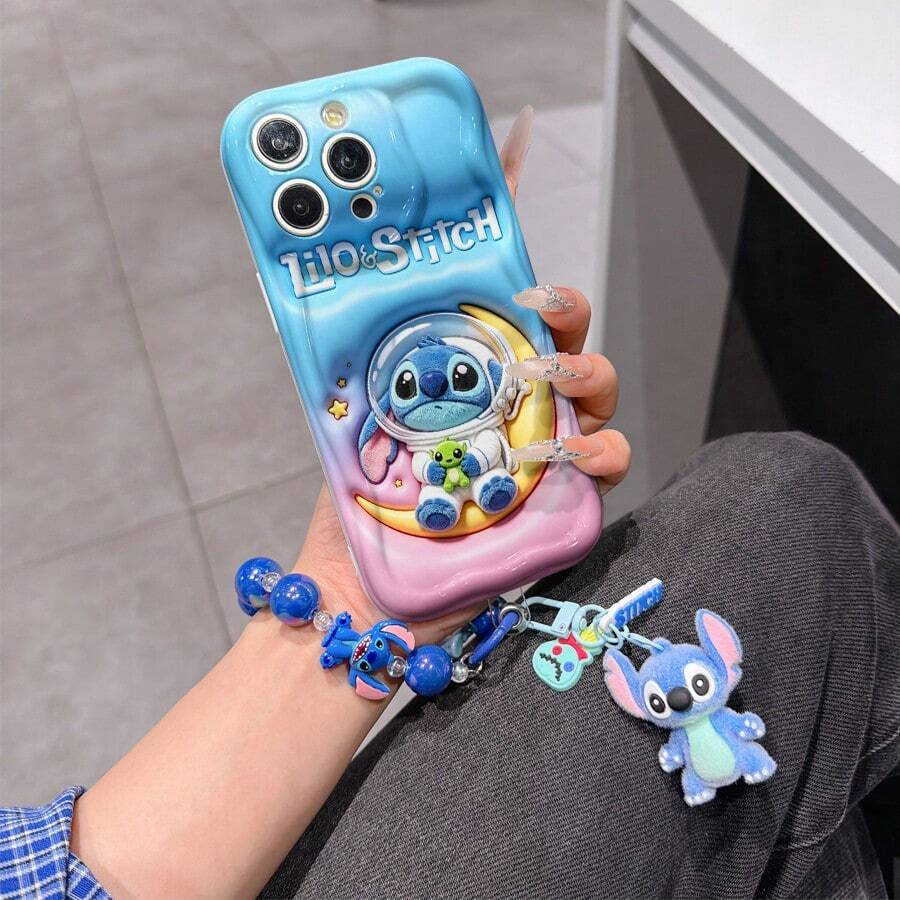 Disney Lilo & Stitch Phone Case With Stitch Charm And Stitch Lanyard - Cute Stitch Protective Case With Astronaut And Moon Gradient Design, Equipped With Delicate Stitch Decorative Lanyard And Beaded Bracelet For Easy Carrying, Compatible With IPhone 17, 16, 15, 14, 13, 12, 11 Pro Series, Ideal For Birthdays, Holidays, Anniversaries, Graduation Gifts, Or Any Special Occasion To Surprise Family, Friends, Classmates, And Loved Ones. - 白色 - 查看 1