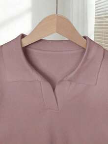 New 2026 Collection: Women's Solid Color Fitted Knit Blouse, Spring/Summer, White, Simple, Casual, With Roll Neck And Raglan Short Sleeves. Solid Color Blouses, Pink Blouses, Baby Pink Blouses. - 紫色 2 - 查看 3