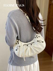 2026 Spring/Summer New White Motorcycle Style Pleated Crescent Underarm Rivet Fringe Design Shoulder Crossbody Bag, Versatile Texture Punk Retro Commuter Bag With Large Capacity - White - View 2