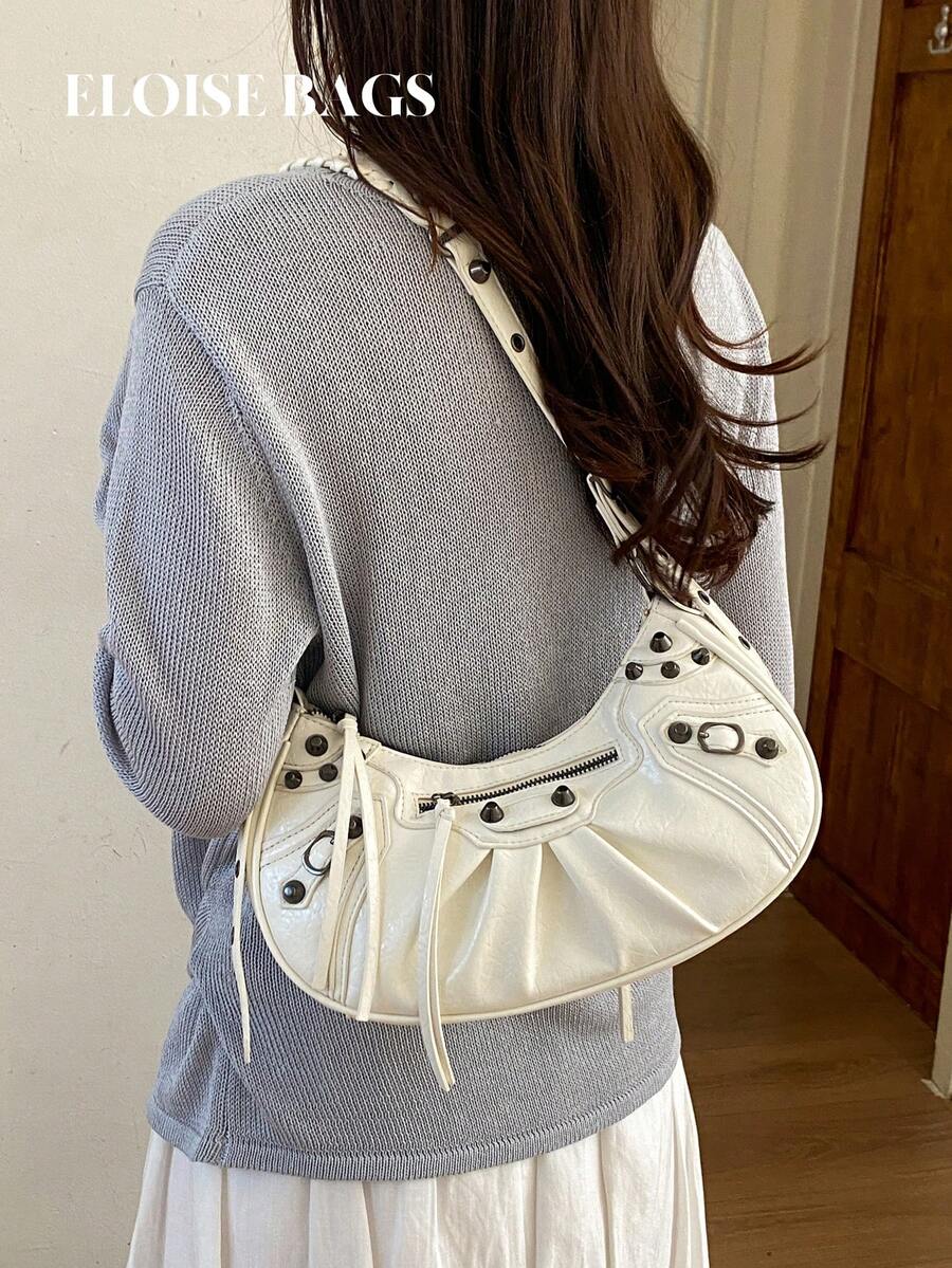 2026 Spring/Summer New White Motorcycle Style Pleated Crescent Underarm Rivet Fringe Design Shoulder Crossbody Bag, Versatile Texture Punk Retro Commuter Bag With Large Capacity