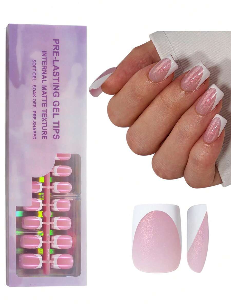 150pcs Short Rectangular Blue French Nail Tips - Short Rectangular Acrylic Nail Tips, Removable Blue Acrylic Fake Nail Extension Tips, 15 Sizes, Suitable For DIY, Women's Spring/Summer Blue Gift Nail Supplies - Baby Pink - View 1
