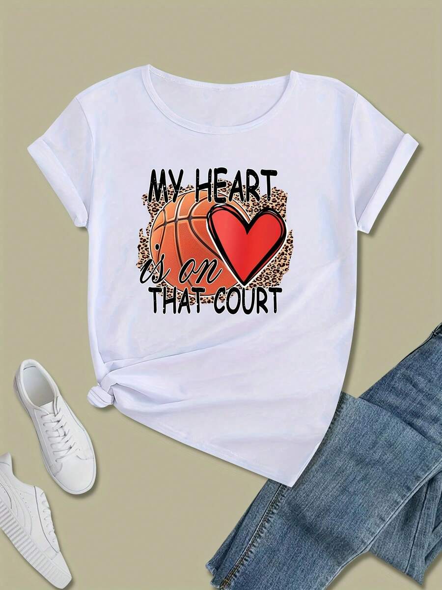 Camiseta de Estilo Y2K con Estampado de Corazón para Mujeres de Talla Grande - Cómoda y Holgada, Camiseta Casual de Poliéster para el Trabajo, Hogar o Salidas - Negro - Ver 1