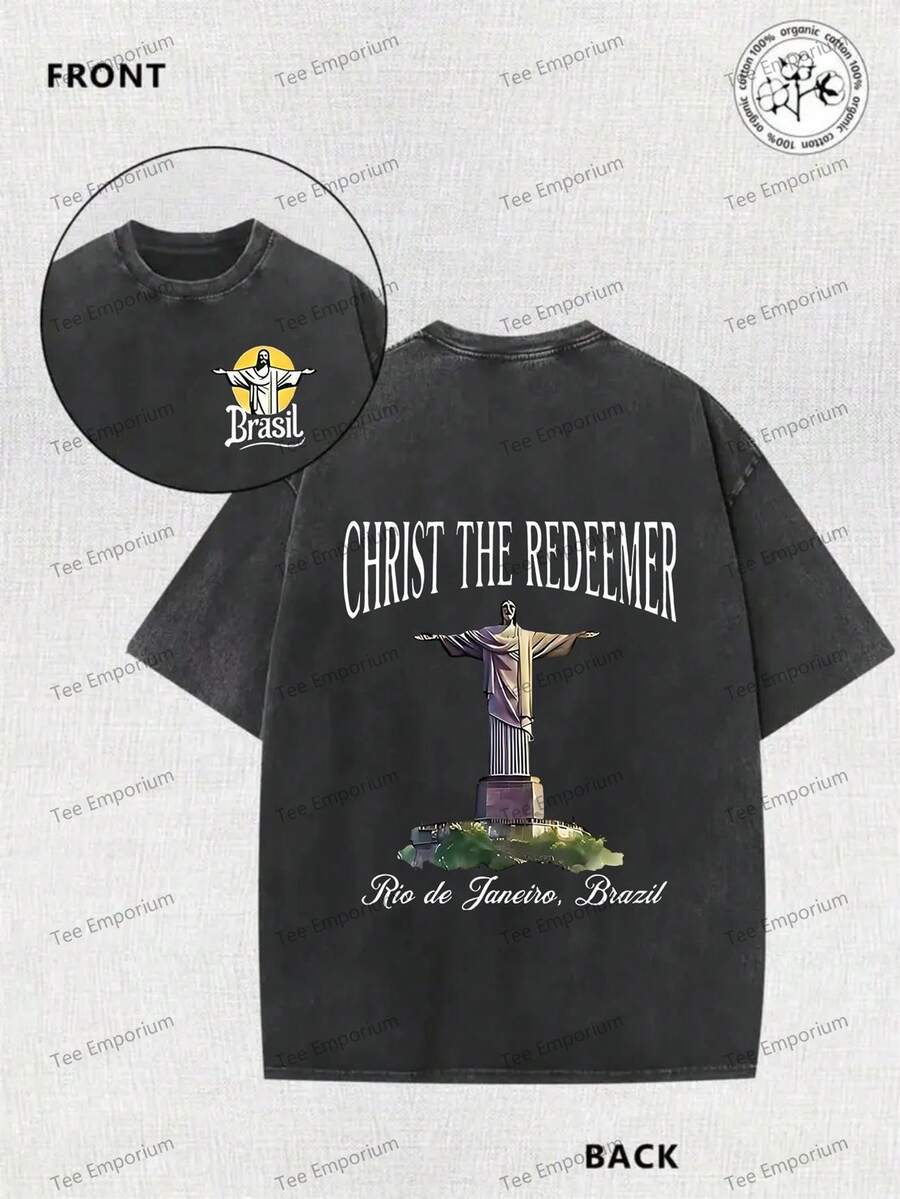 Camiseta de hombre de 230 g, doble cara, lavada, con diseño cristiano que muestra la imagen de la Virgen de Río de Janeiro.   Esta prenda de ropa urbana de corte holgado presenta un diseño de manga corta y cuello redondo, lo que la hace adecuada para uso casual durante todo el año. - Negro - Ver 1