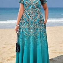 Plus Size Women Fashion Printed Pocket Casual Vacation Dress Summer Elegant - Azul menta - Ver 1