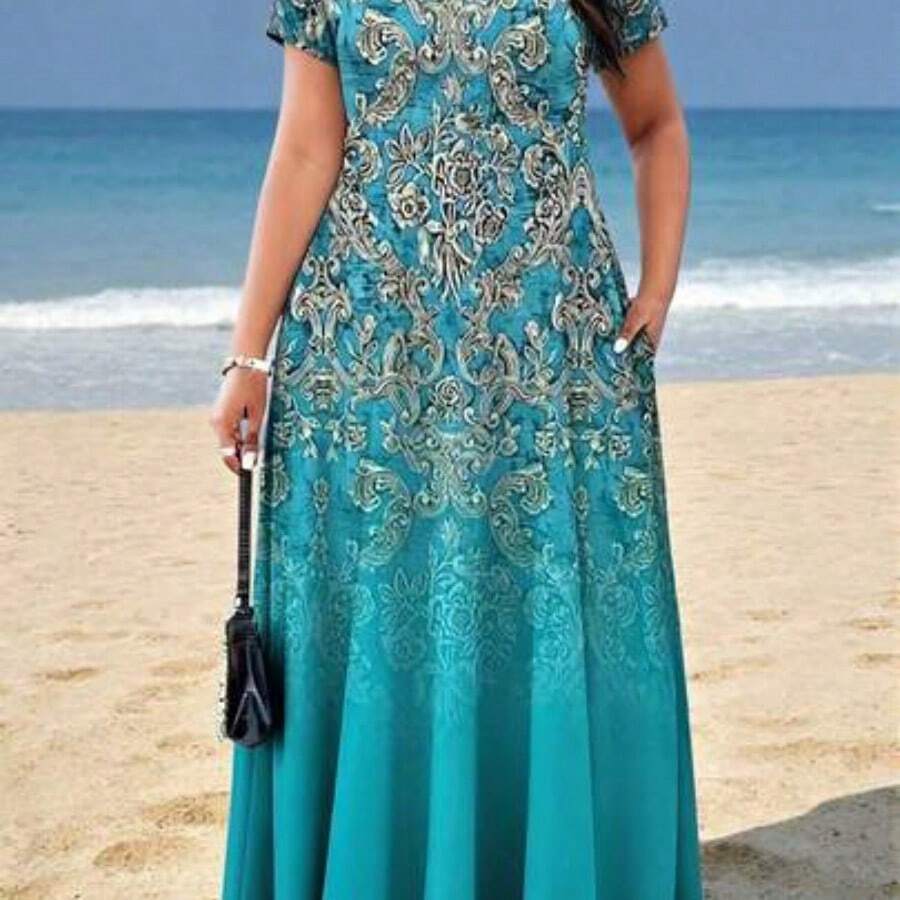 Plus Size Women Fashion Printed Pocket Casual Vacation Dress Summer Elegant - Azul menta - Ver 1