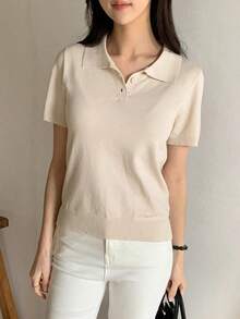 Blusa de punto de manga corta con contraste de rayas, casual de negocios - Beis - Ver 3