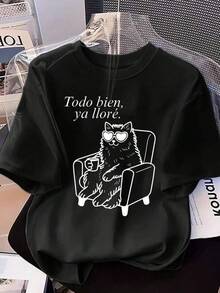 Retro GraphicWomen's Funny & Heartbreaking Cat T-Shirt - Cute Kitten Print Summer Round Neck Top Suitable For Cat Lovers - Casual Casual Attire & Themed Events (Machine Washable Black,Camisetas populares de  para uso diario,Ropa de verano, ropa para niños y niñas,camisetas de apoyo para el Mundial,Camisetas del Mundial 2026,Camisetas estampadas,Camisetas estampadas, - Negro - Ver 6