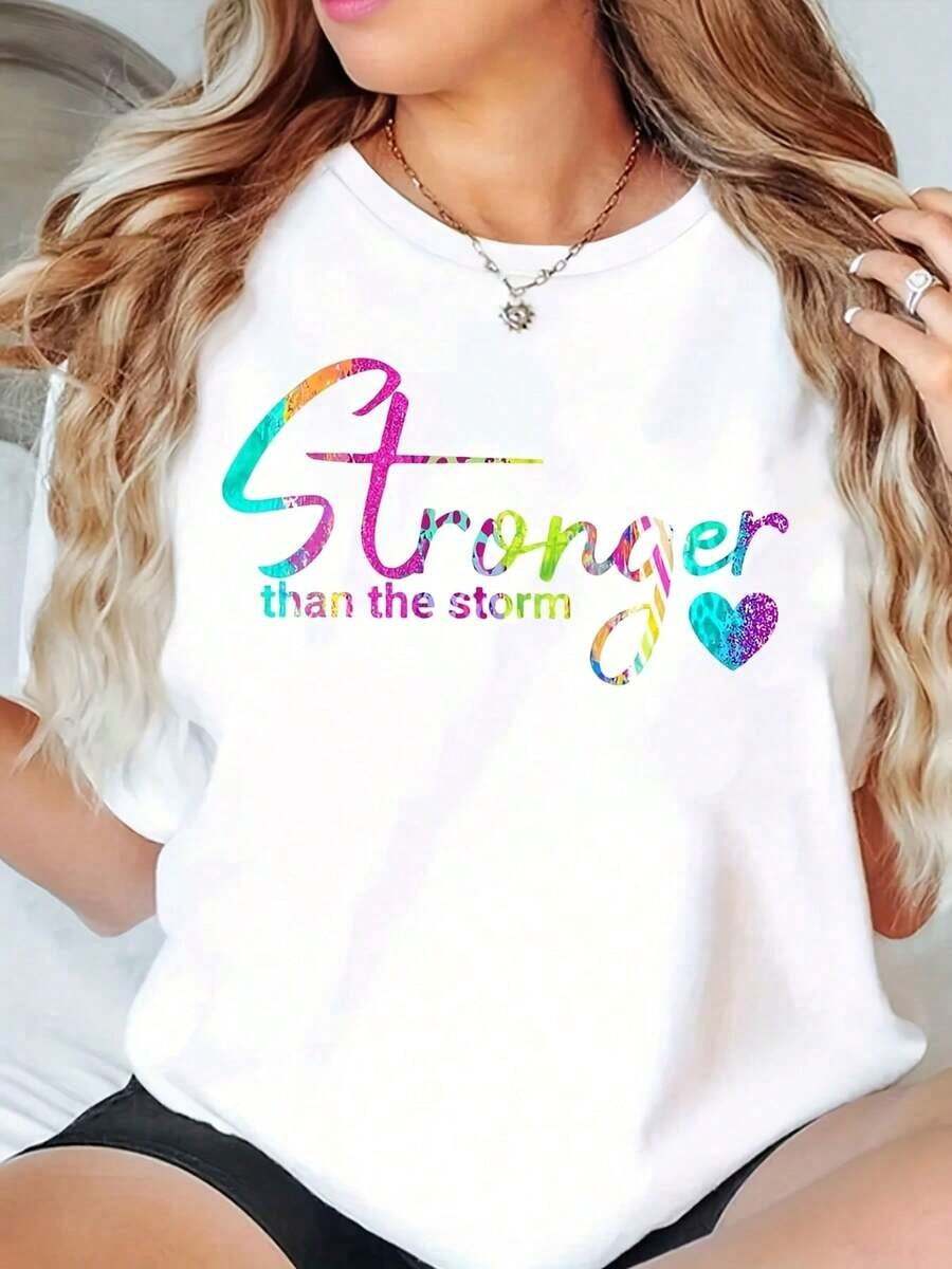 Camiseta de Cuello Redondo para Mujer, Más Fuerte que la Tormenta, Estampado de Arcoíris, Camiseta Gráfica Casual de Verano, 220g - Blanco - Ver 1